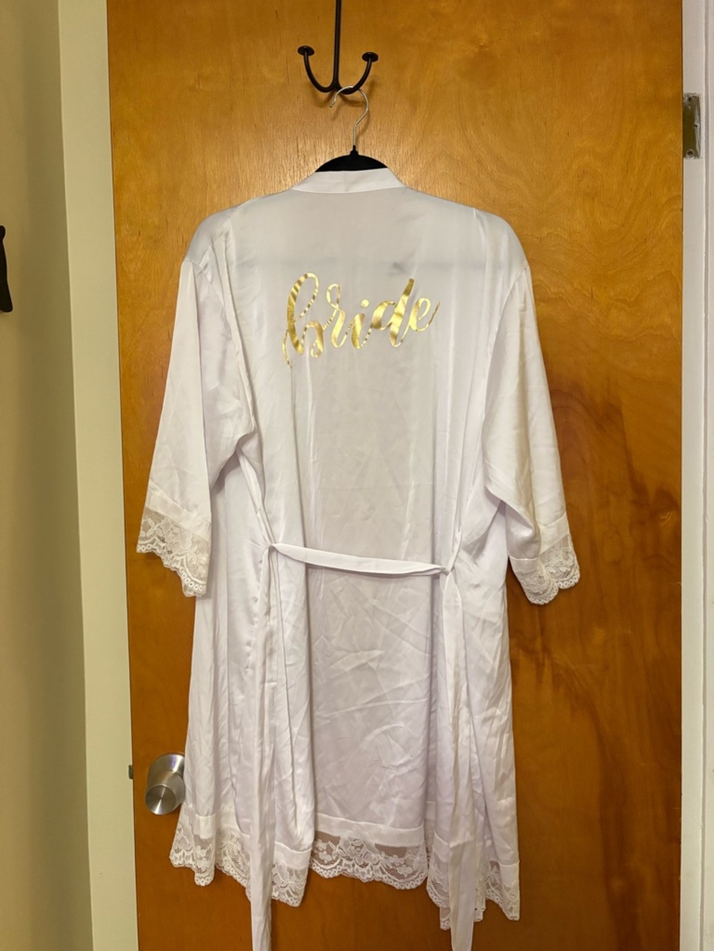 Bride Robe White Satin with Gold Script and Lace